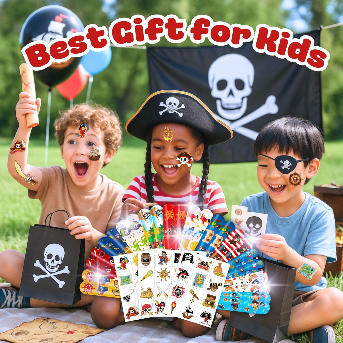 Pirate Party Favors for Kids, 72Pcs Tattoos and Slap Bracelets for Rewards
