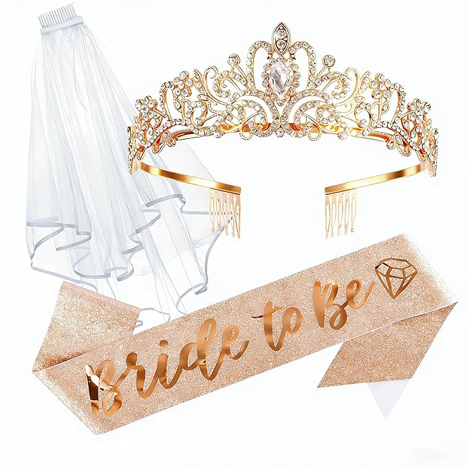 CIEHER Bachelorette Party Favors - White Veil, Bride to Be Sash & Crystal Crown for Bridal Shower Decoraions Wedding Party Gifts - Rose Gold