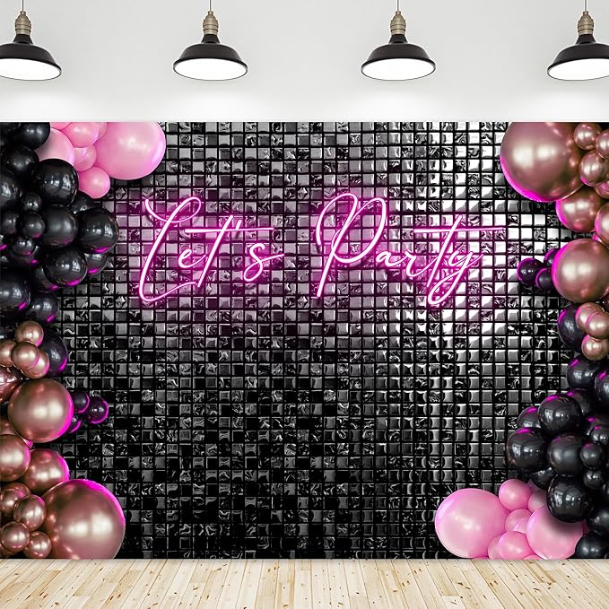Riyidecor Let's Party Backdrop Modern Disco 80s Black Neon Pink Plaid Checkered Balloons Fashion Shinning Groovy 7Wx5H Feet Girls Photography Background Birthday Photo Studio Shoot Polyester Fabric