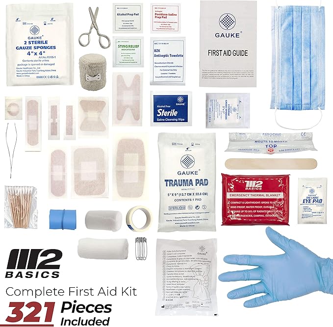 M2 BASICS Premium 321 Piece First Aid Kit - First Aid Kit for Home, Car, Business, Office, School, Travel, Camping, Outdoors - Emergency Medical Supplies, Durable Portable Hard Case