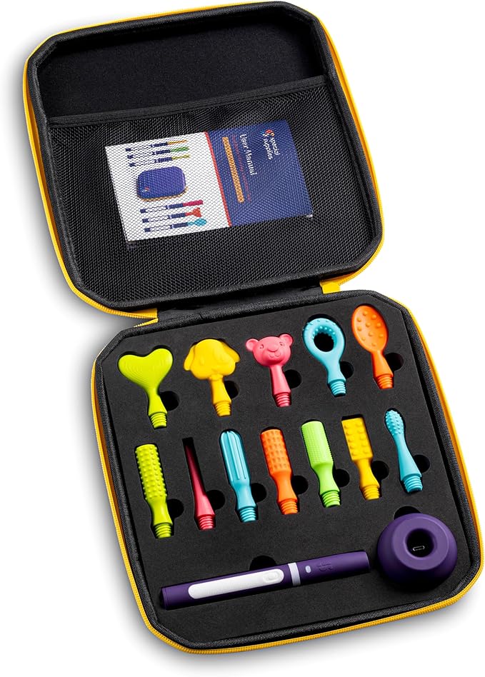 Special Supplies Rechargeable Buzz Buddy Oral Motor Stimulation kit with 12 Soft Textured Interchangeable Heads, Calm Sensory Needs, Support Speech, and Stimulate Self Feeding, Gentle Vibrations