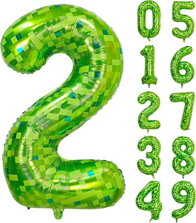 40 inch giant Green pixel miner game number 2 balloon Large mining theme foil balloon 0-9 Suitable for pixel game parties children's birthdays party anniversary celebrations baby shower decoration