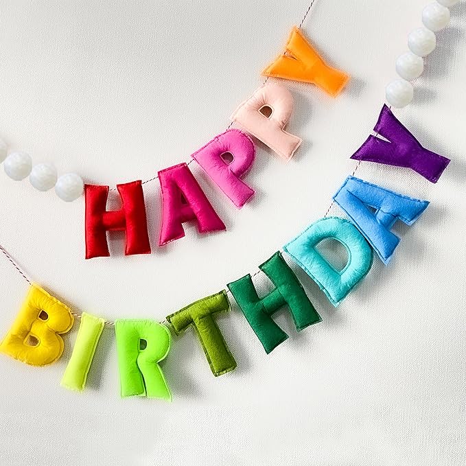 Pre-Strung Happy Birthday Banner - Felt Ball Garland - Happy Birthday Garland, Rainbow Party Decorations, Personalized Birthday Sign for Party Decor,Photo Prop (Birthday Banner Wearing White Balls)