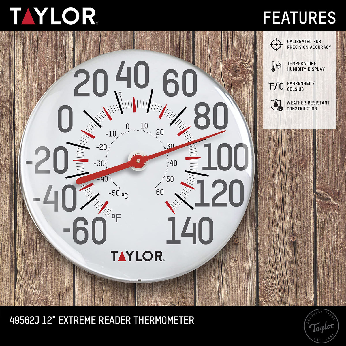 Taylor Metal Wall Indoor Outdoor Thermometer, Wireless Thermometer with Easy to Read Large Numbers for Patio, Pool, and Indoor Areas, 12-inch, White