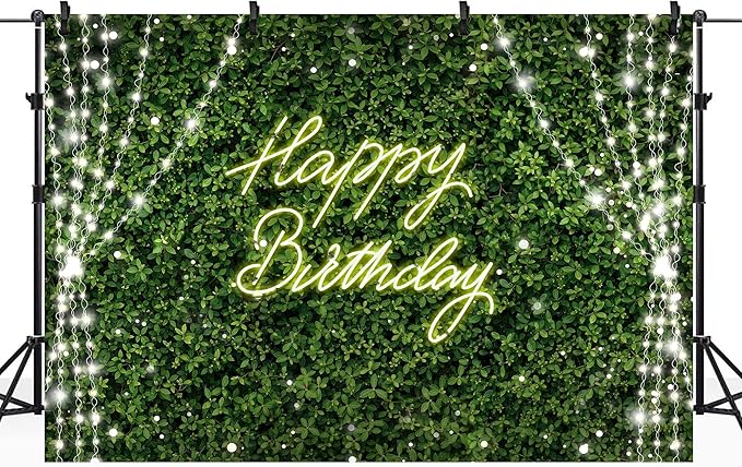 Riyidecor Green Happy Birthday Backdrop Polyester Fabric for Woman Grass Neon Leaf Rustic Spring Leaves Plant Botanical Nature 7Wx5H Feet Lights Photography Background Birthday Photo Studio Shoot