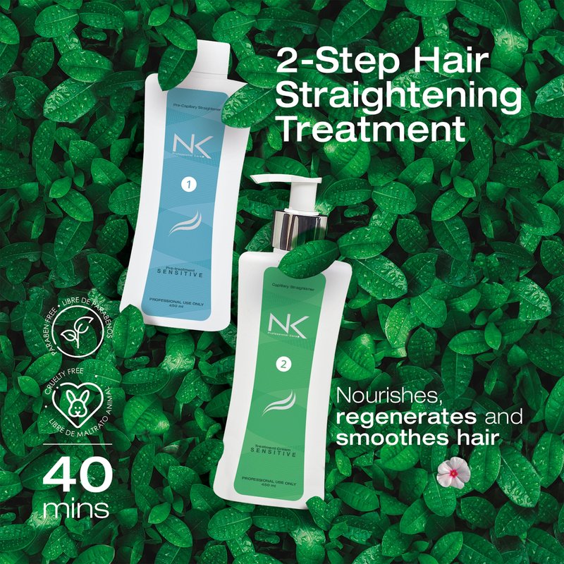 NK Professional Care Sensitive Keratin Hair Straightening Treatment, Vegan, Formaldehyde Free. Kit Steps 1,2,3,4. Sensitive straightening treatment, post-treatment shampoo and restorative mask.