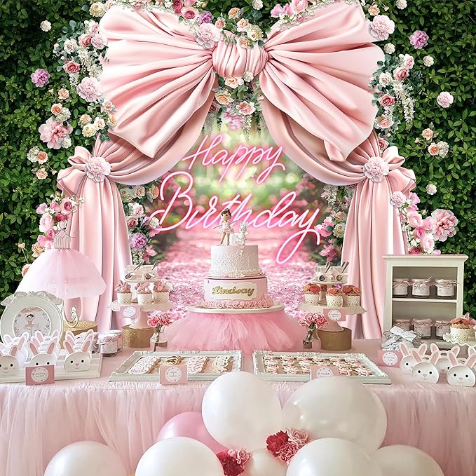 Riyidecor Happy Birthday Backdrop Polyester Fabric Pink Bow Floral Green Leaves Botanical Plant Nature Blossom Neon Flower Wall 7Wx5H Feet Girls Photography Background Birthday Photo Studio Shoot
