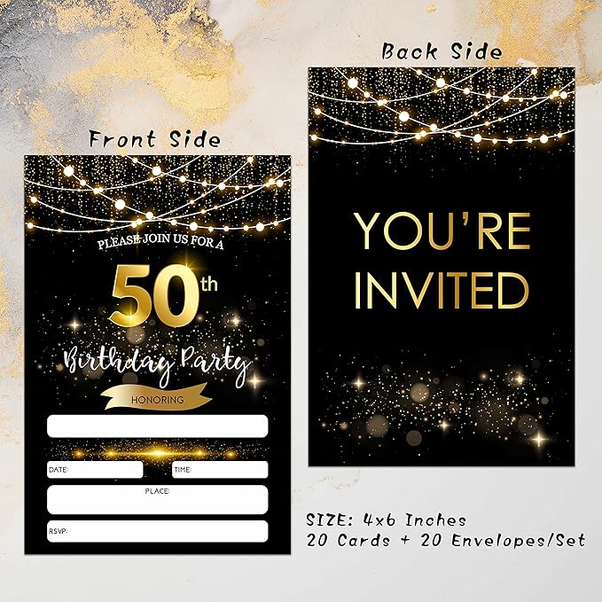 50th Birthday Invitations with Envelopes - Black Gold Glitter Fill-in Invites Cards - Surprise Birthday Party Invitation Card for Him/Her - Adults Birthday Party Favors Supplies Decorations (20 Pack)