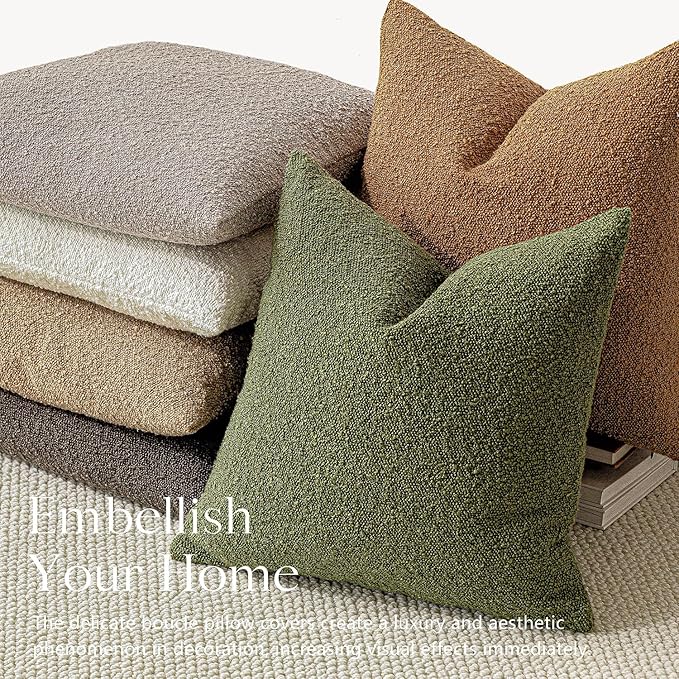 Foindtower Set of 2, Decorative Textured Boucle Throw Pillow Covers Accent Solid Pillow Cases Neutral Soft Cozy Couch Cushion Case for Chair Sofa Bedroom Living Room Home Decor 26 x 26 Inch Green