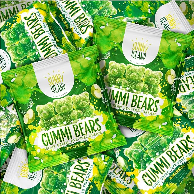Green Apple Gummi Bears | 12 Packs of Sour Gummies | Dye Free Candy | Chewy Candy for Party Favors, Goodie Bags, Snacking and Gifting | Gelatin Free Treat