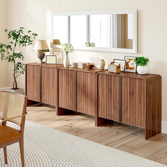 BERRYMERRY 2 Door Fluted Sideboard Buffet Cabinet with Storage, Modern Wood Cabinet with Adjustable Shelves for Living Room, Dining Room (Brown 6 Doors)