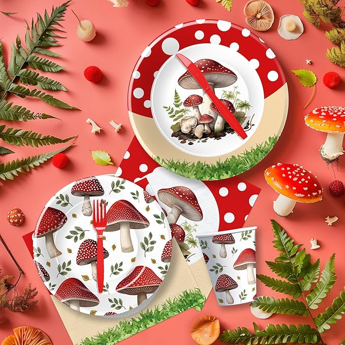 APOWBLS Mushroom Birthday Decorations Party Tableware - Mushroom Baby Shower Decorations And Supplies, Paper Plate, Cup, Napkin, Disposable Disposable Fork | Serves 24