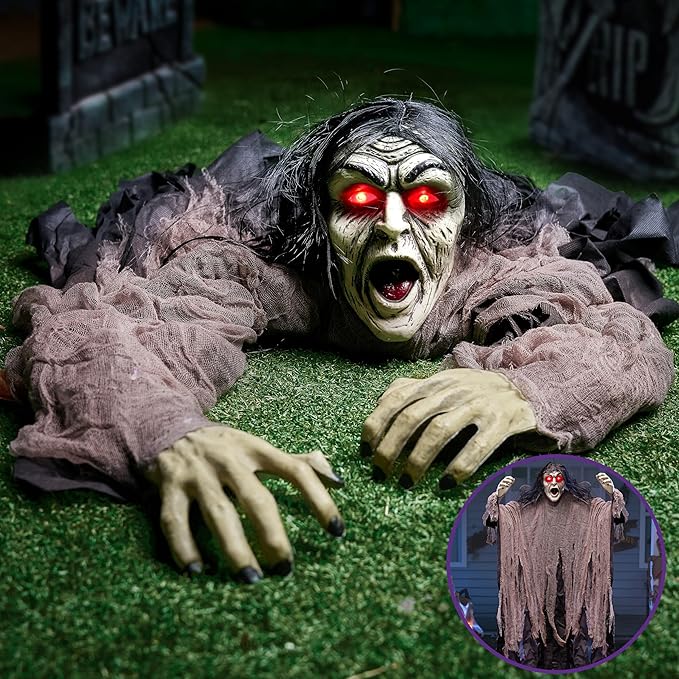 JOYIN Halloween Zombie Decorations Outdoor, Halloween Groundbreaker Outside Decor, Hanging Zombie Prop with Green Face and Lighted Eyes for Graveyard, Haunted House, Lawn, Yard, Indoor Decor