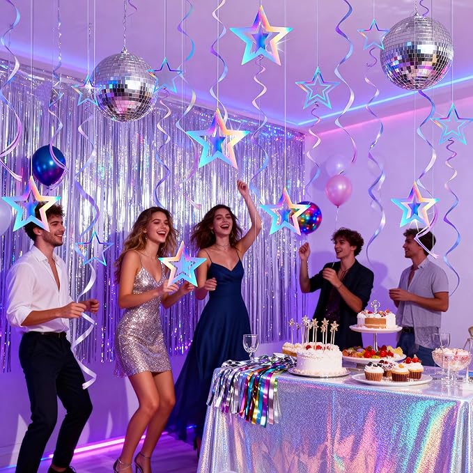 BTSD-home Iridescent Star Garland Decorations Holographic Hanging 3D Twinkle Stars Spira Swirl Ribbons Birthday Wedding Backdrop Galaxy Party Decor Space Starry Night Theme Party Supplies