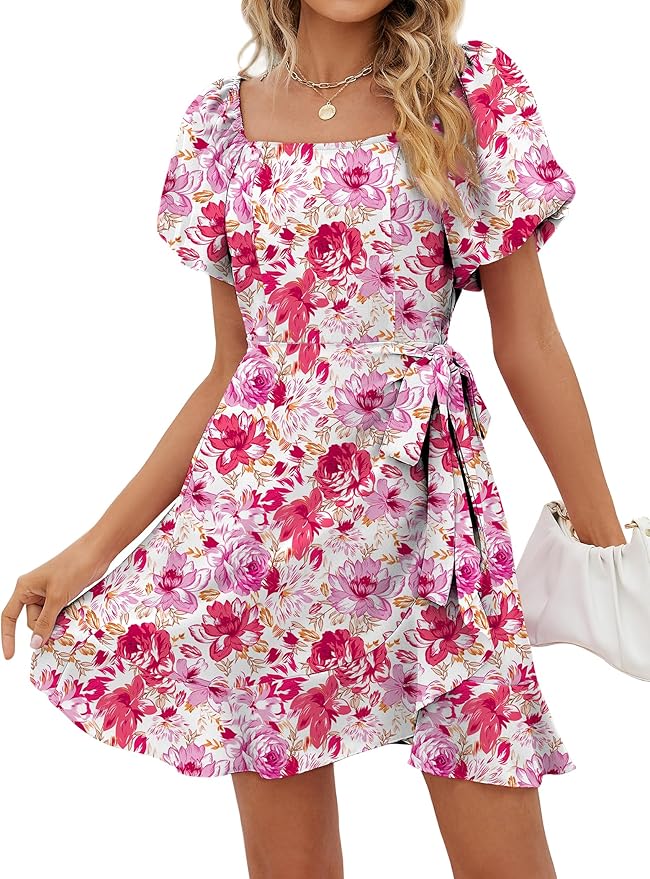 Sampeel Womens Summer Dresses Square Neck Puff Sleeve Tie Waist Short Dress