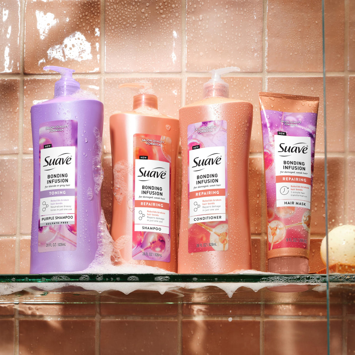 Suave Bonding Infusion Purple Toning Shampoo, for Neutralizing Brassy Tones in Blonde or Gray Hair & Repairing Broken Hair Bonds, 28oz Pump, 4 Pack