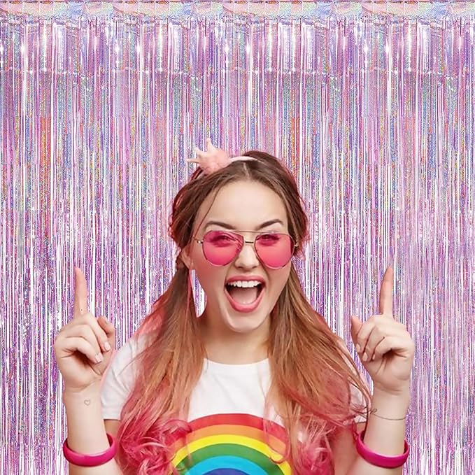 3Pack Pink Foil Fringe Curtain Backdrop - 3.3ft x 8.3ft Metallic Tinsel Photo Booth Decor for Bachelorette Party Decorations