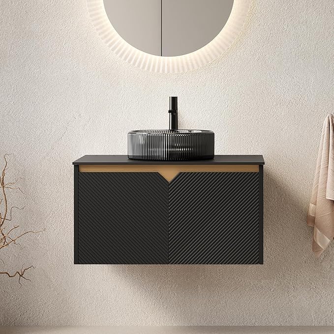 30 Inch Bathroom Vanity with Sink, Floating Fluted Vanity with Vessel Sink, Modern Bathroom Vanity Cabinet with 2 Doors with Metal Trim, Round Glass Sink & Sintered Stone Top, Black