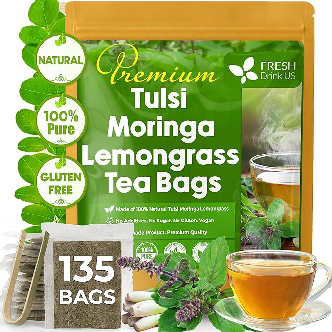FreshDrinkUS, Premium 135 Tea Bags Tulsi Moringa Lemongrass, 100% Natural & Pure from Tulsi Holy Basil Leaves, Moringa & Lemongrass. Made with Natural Material Tea Bags. No Sugar, No Caffeine, Vegan.