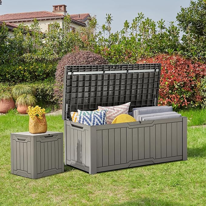 YITAHOME 120 Gallon Outdoor Storage Deck Box with Cushion, Large Resin Patio Storage for Outdoor Pillows, Garden Tools and Pool-Supplies, Waterproof, Lockable (Taupe)