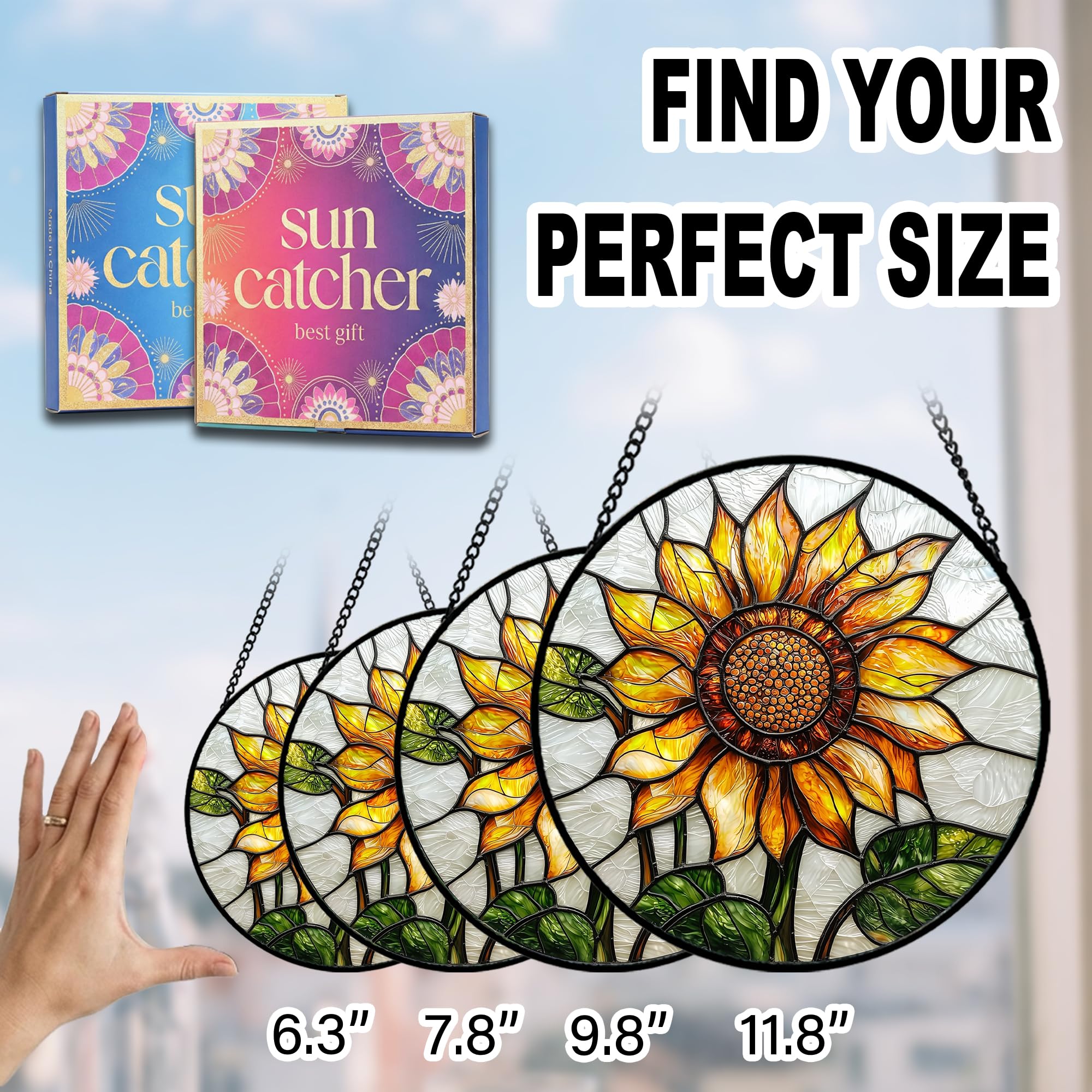 Sunflower Gifts for Women - Yellow Flower Faux Stained Glass Window Hanging Sun Catcher for Door Garden Acrylic Decor Mother's Day Christmas Birthday Gift for Mom Nana Grandma Sisters Colleague 6.3"