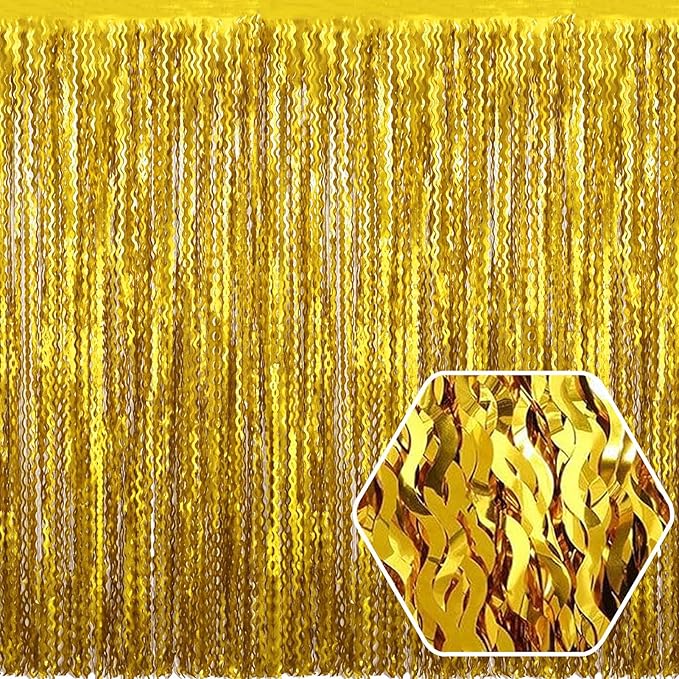 4 Pack Gold Wave Foil Fringe Curtain Backdrop, 3.28Ft x 8.2Ft Metallic Tinsel Foil Fringe Streamer Curtains for Photo Booth, Mother's Day, Easter, Birthday, Wedding Party Decoration