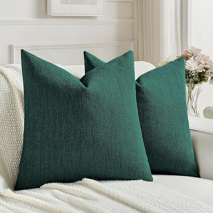 FUTEI Teal Chenille Decorative Throw Pillow Covers 16x16 Inch Set of 2,Soft Cozy Faux Linen Textured Cushion Case,Farmhouse Home Decor for Couch Living Room