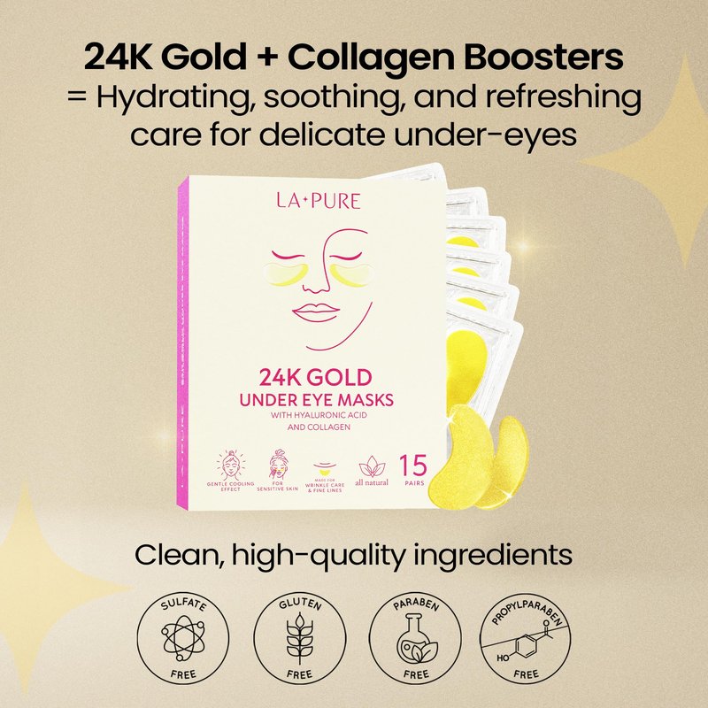 LA PURE 24k Gold Under Eye Patches for Puffy Eyes and Dark Circles, Revitalizing & Non-Irritating Anti Aging Eye Masks with Hyaluronic Acid & Collagen - Dermatologically Tested - 15 Pairs Eye Gel Pads
