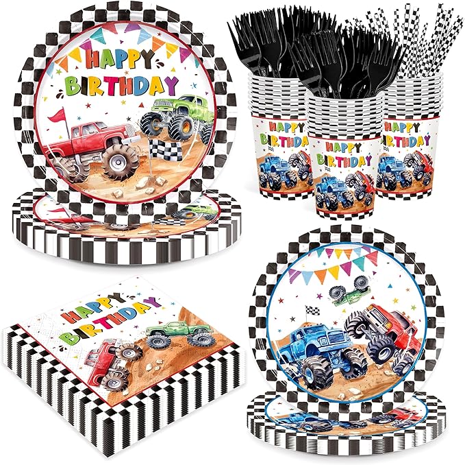 144pcs Monster Truck Birthday Party Supplies Plates Napkins Disposable Paper Cups and Straws Monster Truck Party Decorations Tableware Set for Kids Boys Birthday Decor 24 Guests