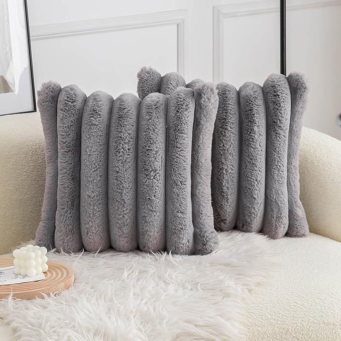 Neelvin Grey Faux Fur Cozy Soft Striped Decorative Throw Pillow Covers 20x20 inch Set of 2,Velvet Pillowcase Cushion Case for Sofa Couch