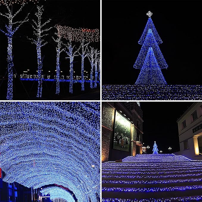 Wellisnow 164ft 500 LED Blue White Christmas Lights, 8 Lighting Modes Waterproof Christmas Lights Outdoor Plug in for Christmas Tree Yard Wedding Decorations(164FT,Blue&White)