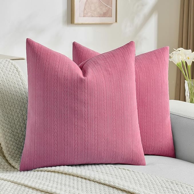 FUTEI Hot Pink Decorative Throw Pillow Covers 24x24 Inch Set of 2,Soft Cozy Wheat Ear Striped Patterns European Cushion Cases,Modern Home Decor for Couch Bed Living Room