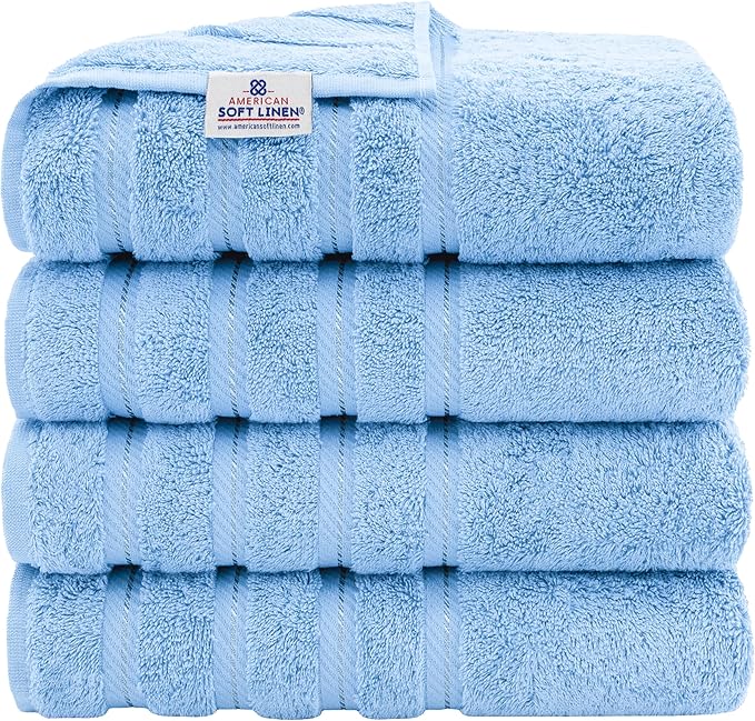 American Soft Linen Luxury 4 Piece Bath Towel Set, 600 GSM 100% Cotton Turkish Bath Towels for Bathroom, 27x54 in Large Bathroom Shower Towels, Sky Blue