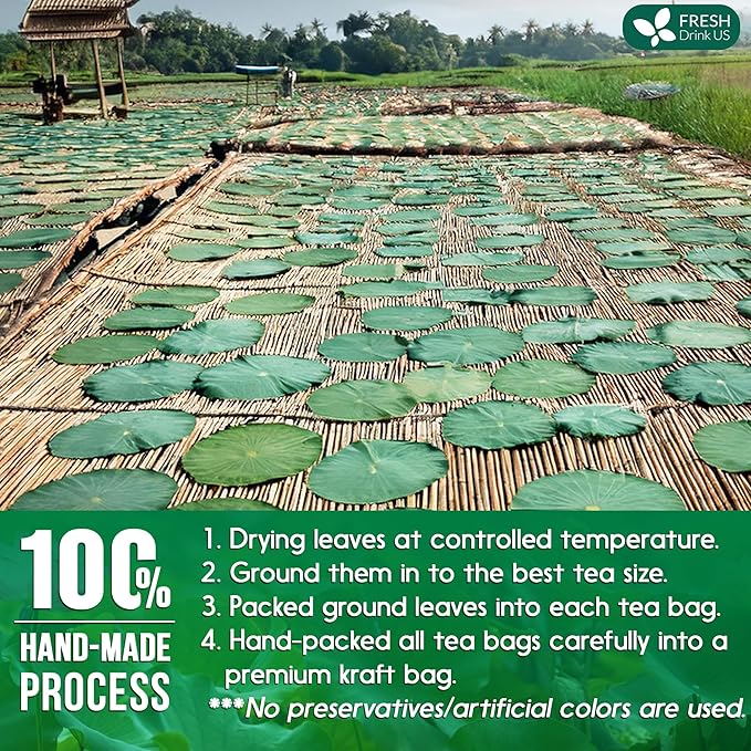 FreshDrinkUS, Premium 30 Lotus Leaf Tea Bags, 100% Natural & Pure from Lotus Leaves. Loose Leaf Lotus Herbal Tea. Made with Eco-Conscious Tea Bags. No Sugar, No Caffeine, No Gluten, Vegan.