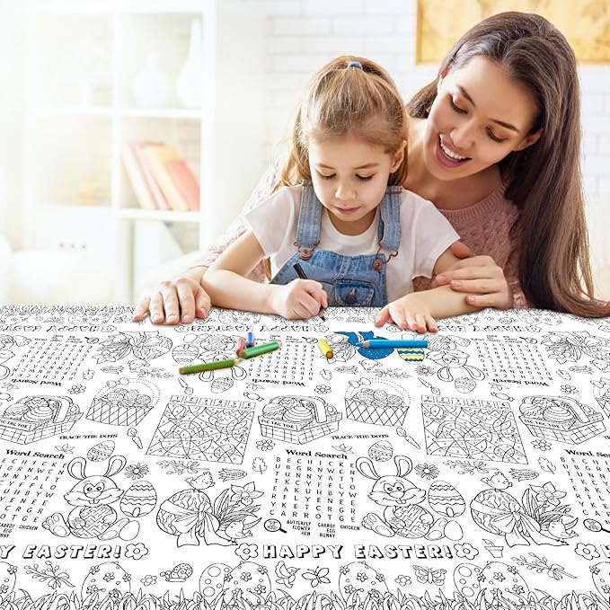 3 Pack Large Happy Easter Coloring Tablecloth - Giant Easter Color-in Paper Poster, Rectangle Cute Bunny Activity Coloring Table Cloth for Spring Easters Party Craft Decorations Favors, 54 x 108 Inch