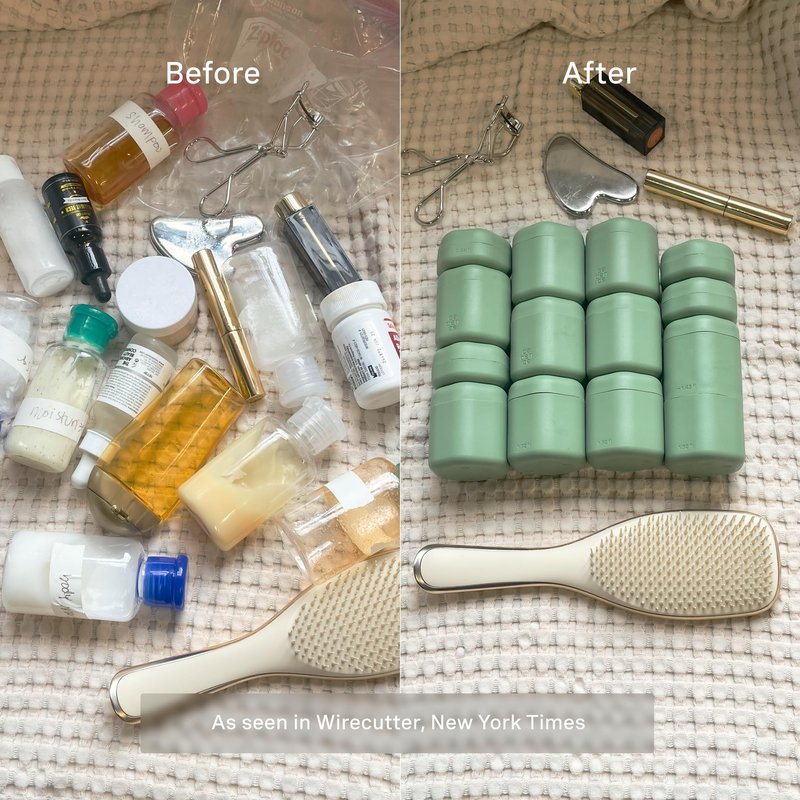 Cadence Travel Containers Basic Skincare Set - Magnetic Containers with Lids,Carry On Travel Essentials For Women/Men - 3 Small Capsules (0.56oz) - Cleanser, Moisturizer & Sun-Icon Labels - Evergreen