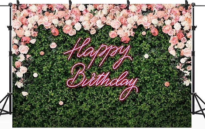 Riyidecor Happy Birthday Backdrop Backdrop Polyester Fabric Pink Rose Neon Flower Wall Green Leaves 5Wx3H Feet for Women Floral Blossom Photography Background Birthday Baby Shower Photo Studio Shoot