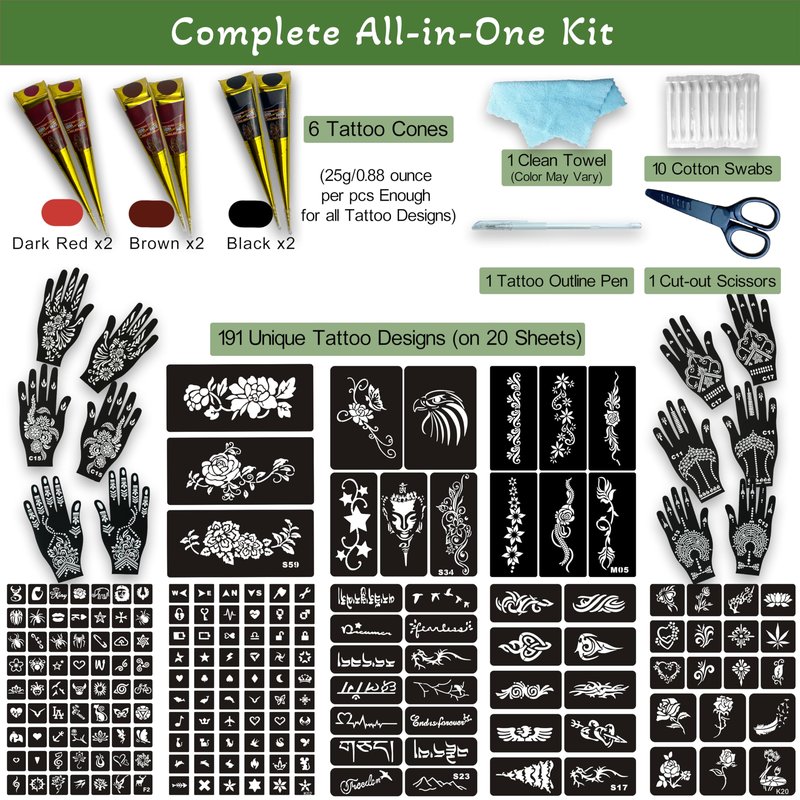 191 Pcs Temporary Tattoo Stencils Kit with 6 Tattoo Cones (2 Black, 2 Brown, 2 Dark Red), White Tattoo Outline Pen, Cotton Swabs & Towel | Perfect for Adults, Teens, Beginners, Family Fun & Parties