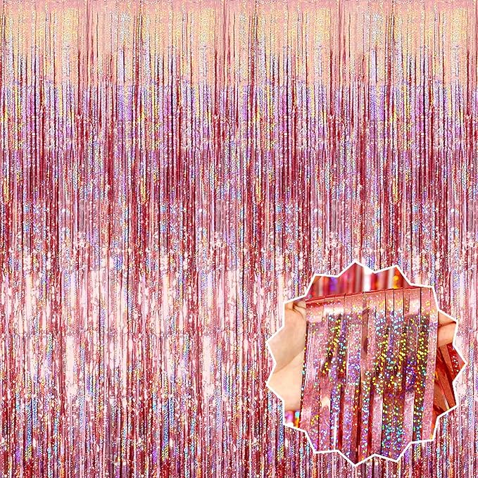 6 Pack Rose Gold Foil Fringe Curtains Backdrop, 3.28 x 8.2 Ft Metallic Streamers Tinsel Curtains Background for Photo Booth, Birthday, Christmas, Halloween, Thanksgiving, New Year Party Decorations