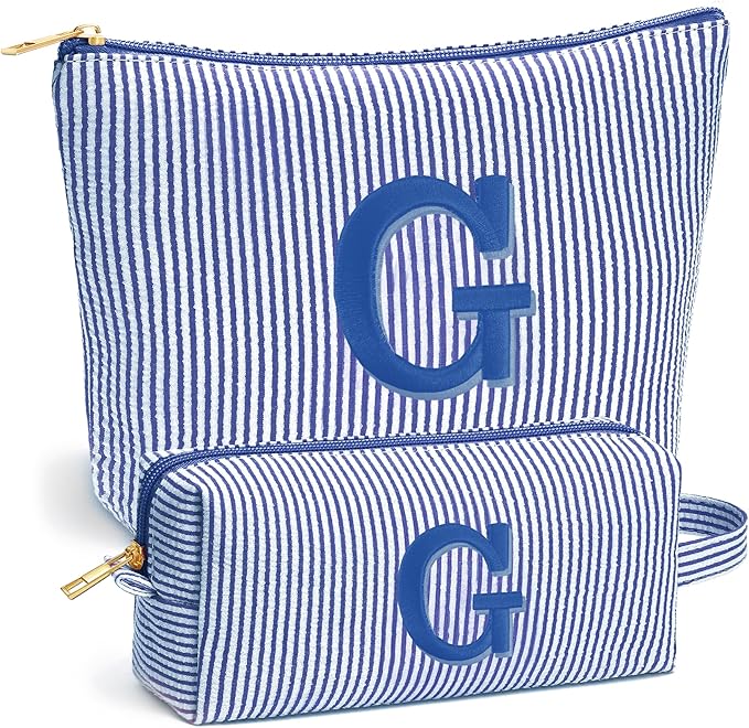 Travel Makeup Bag Organizer - Travel Essentials Toiletry Bag for Women, Initial Travel Toiletry Bag with Zipper | Preppy Stuff Birthday Gifts for Women Mom Daughter, Blue Letter G