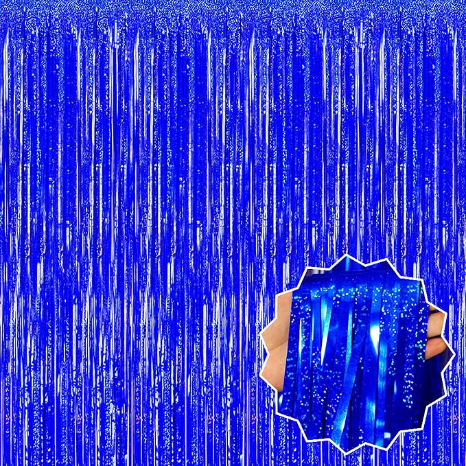6 Pack Blue Foil Fringe Curtains Backdrop, 3.28 x 8.2 Ft Metallic Streamers Tinsel Curtains Background for Photo Booth, Birthday, Christmas, Halloween, Thanksgiving, New Year Party Decorations