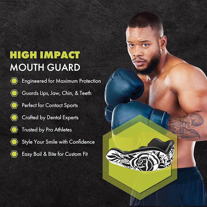 DAMAGE CONTROL High-Impact Mouth Guard – Sports Mouthguard for Boxing, Football, Hockey, Lacrosse & Basketball, Protects Teeth & Jaw, Protective Mouthpiece for Adults & Youth (Adult, Blackarts 2.0)
