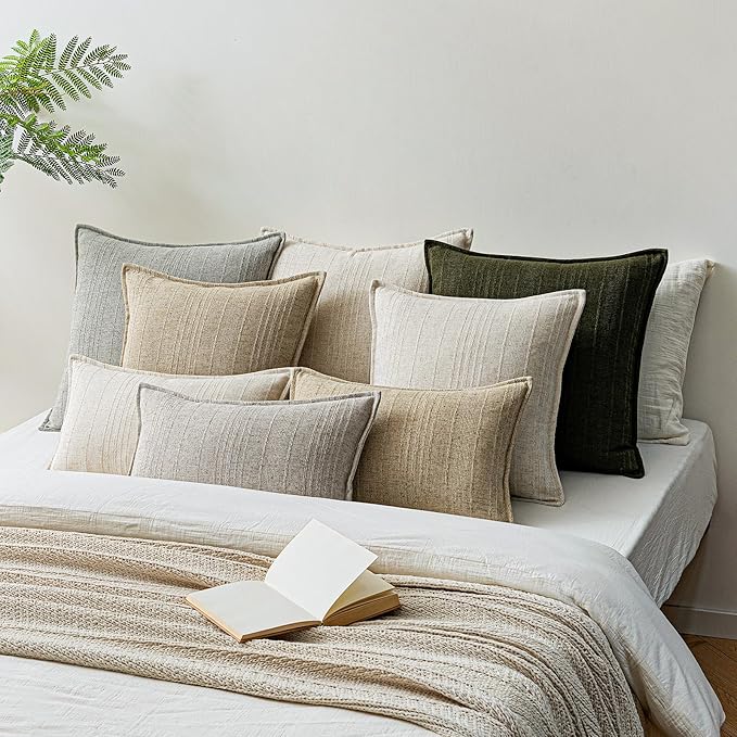 a moment Linen Pillow Covers Set of 2,Boho Farmhouse Throw Pillowcases Neutral Textured Decorative Covers for Couch Sofa Bed, Soft Linen Blend Accent Case Cushion Home Decor 20"x20" Beige Grey