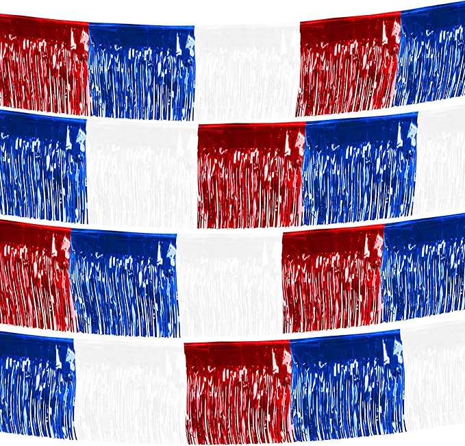 4 Packs 10 Feet Long Foil Fringe 4th of July Garland Memorial Day USA Red White Blue Independence Day Tinsel Metallic Patriotic Wall Hanging Banner for Car Parade Floats Garden Decorations