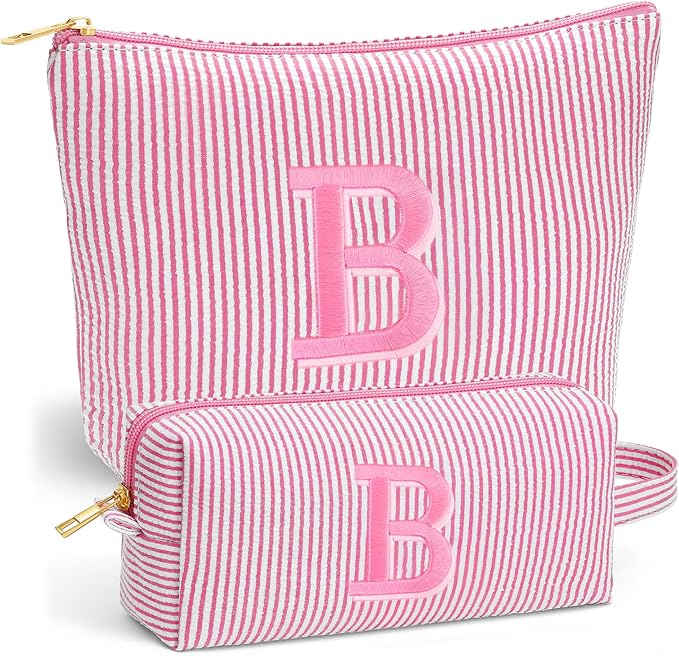 Birthday Gifts for Women - Custom Initial Makeup Bag Set, Portable Makeup Pouch Cosmetic Bag with Zipper, Travel Essentials Toiletry Bag Travel Gifts for Women, Pink B