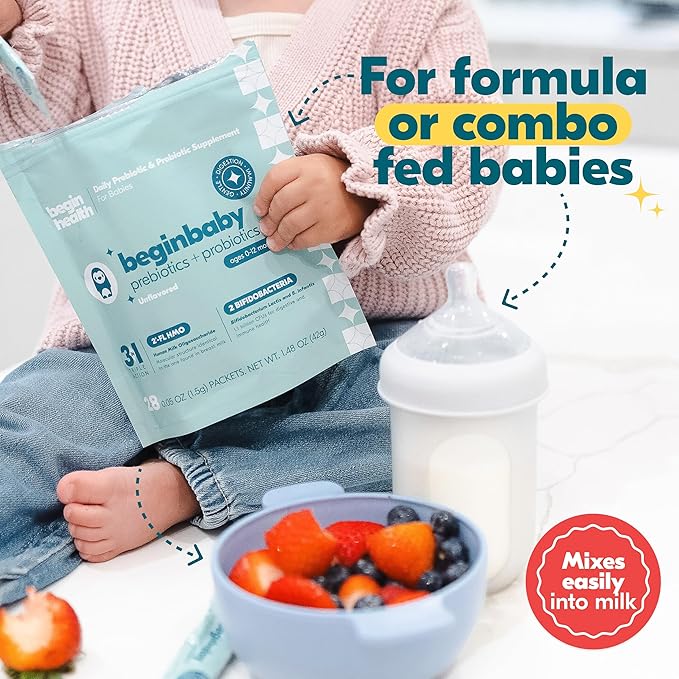 Begin Health BeginBaby Prebiotics and Probiotics for Infants 0-12 Months | Baby Formula Prebiotic + Probiotic Powder with 2'-FL HMO's & B. Infantis for Optimal Digestion | 28-Packs - Unflavored