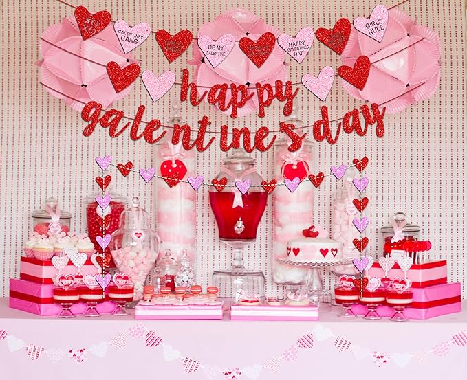 Deneo Happy Galentine's Day Banner, Red Glittery Galentine’s Day Decorations with Heart Garland Banner, Ladies Girls Happy Valentine’s Day Party Decorations Photo Prop