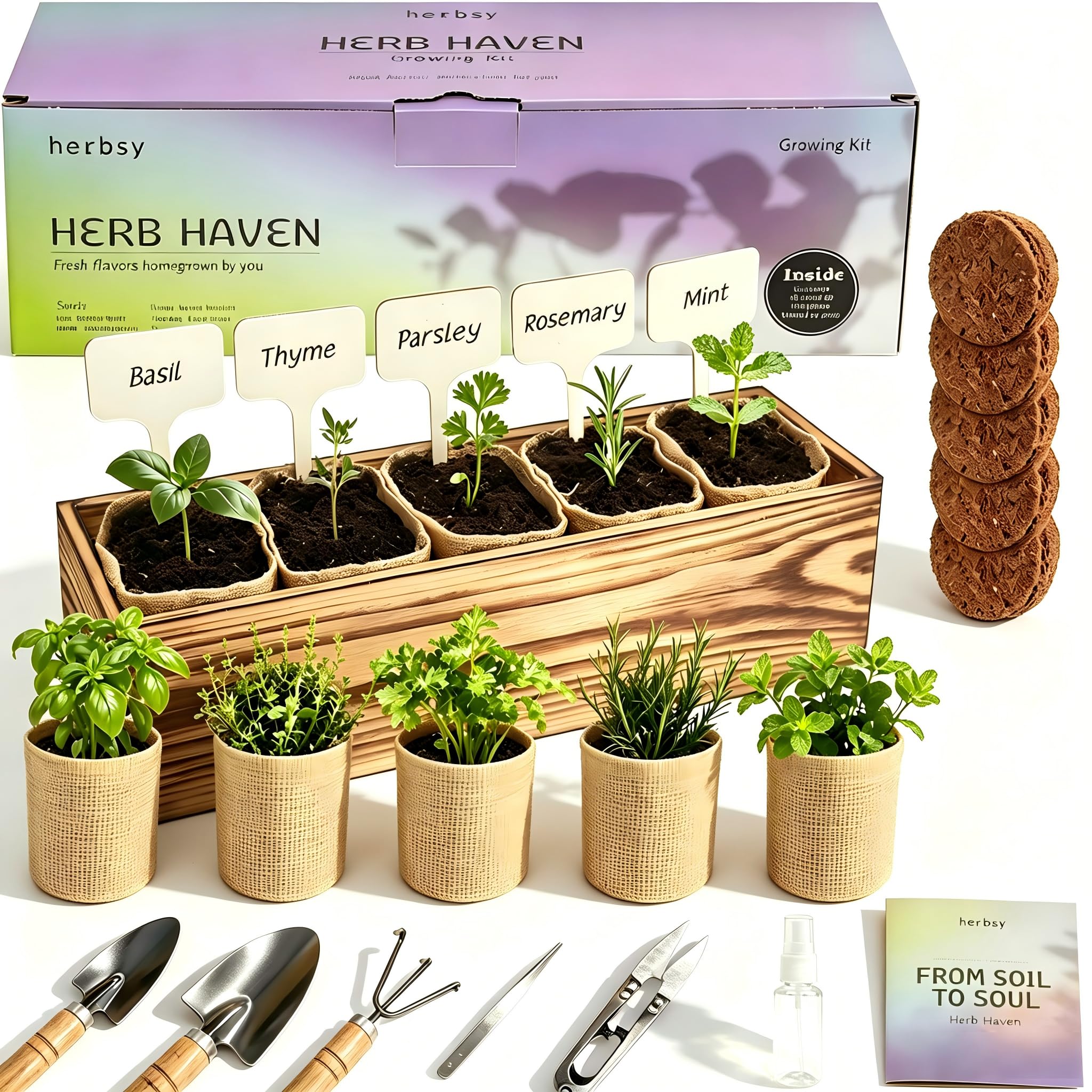 5 Herb Garden Kit with Wooden Box – Basil, Thyme, Parsley, Rosemary, Mint – Windowsill Herb Garden for Kitchen – Mother’s Day Gift for Mom, Gardening Gift for Women – Birthday Housewarming
