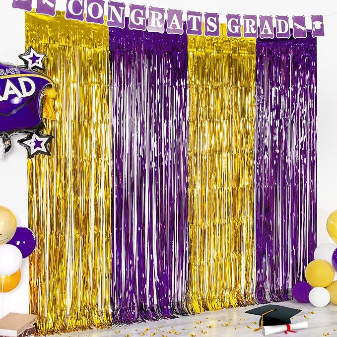 LOLStar Graduation Party Decoration, 2 Pack Purple and Gold 3.3x6.6 ft Foil Fringe Curtains, Tinsel Backdrop, Graduation Photo Booth Prop Streamer Backdrop for Class of 2026, Prom and Grad Party Decor
