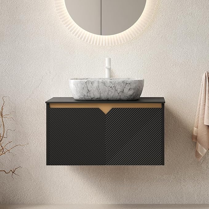 30 Inch Bathroom Vanity with Sink, Floating Fluted Vanity with Vessel Sink, Modern Bathroom Vanity Cabinet with 2 Doors, Marble Pattern Ceramic Sink & Sintered Stone Top, Black